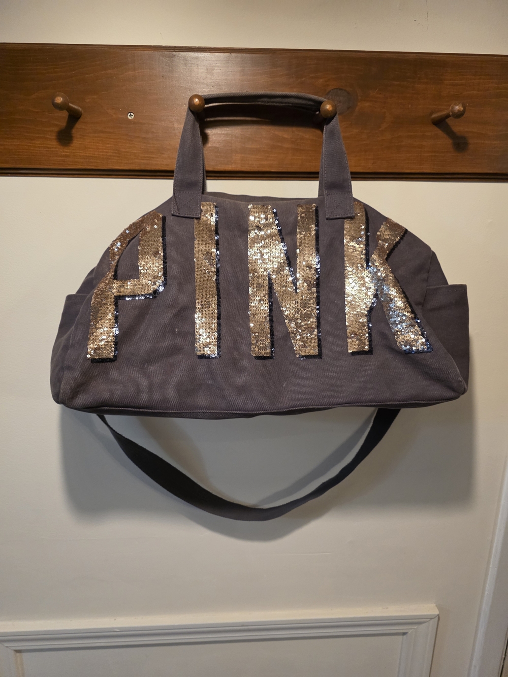 PINK Victoria's Secret Sequin Logo Canvas Tote Bag in Gray